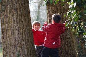 Two young boys wearing red uniform, playing between some trees outdoors.