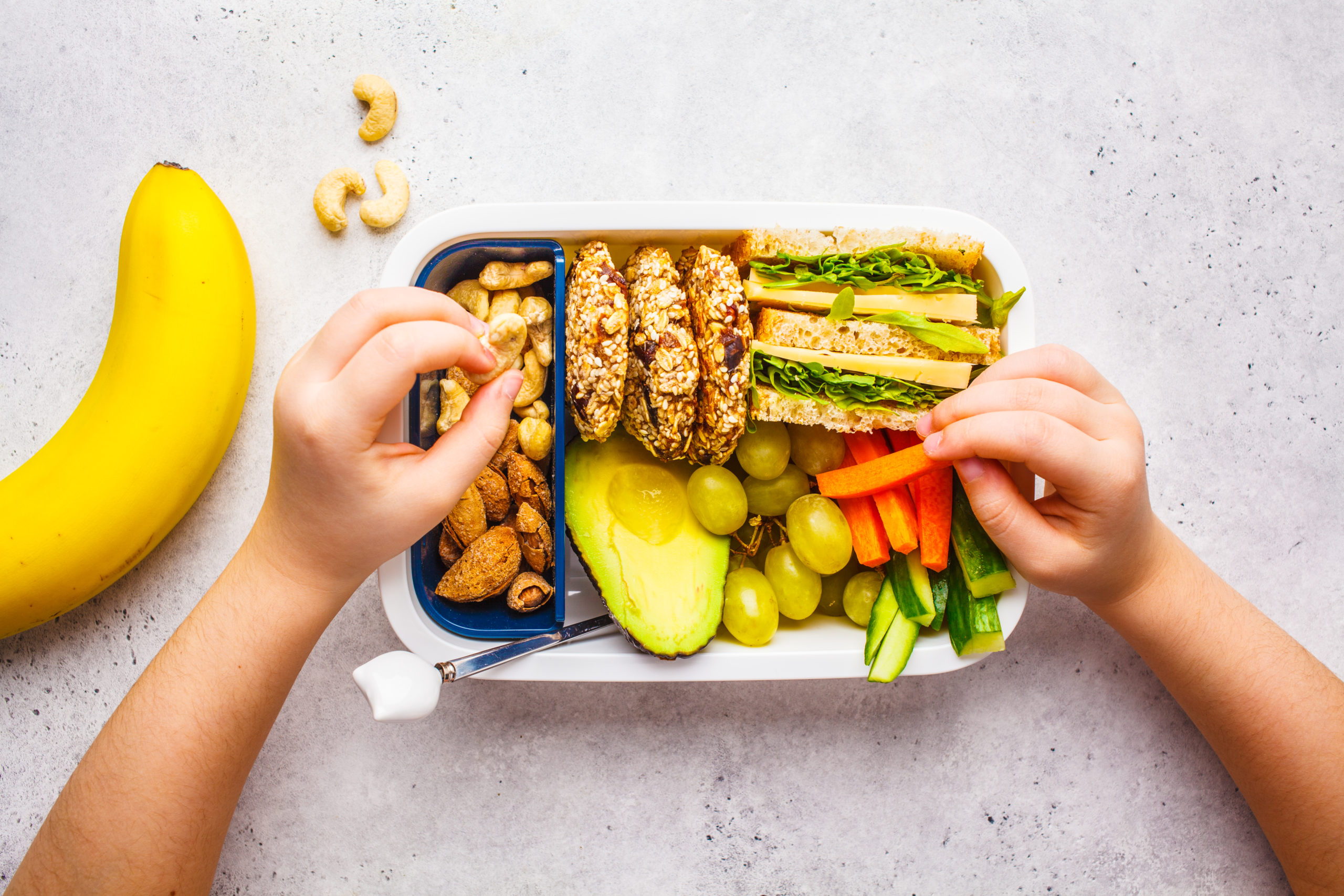 Stock photo of a packed lunch box with sandwiches, fruit and snacks inside.