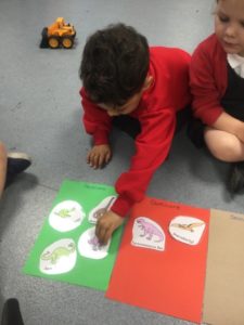 Nursery children sort images of different Dinosaurs into three different categories; Herbivore, Carnivore and Omnivore.