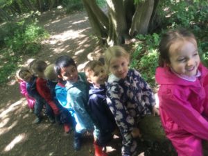 A group of Nursery pupils can be seen lined up together in the academy's Forest School area for a session.