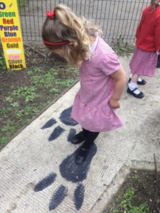 A young Nursery girl is seen walking along a path on the school grounds, following some Dinosaur tracks that have been drawn there.