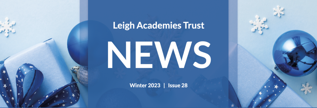 LAT Winter Newsletter 2023 Header Image - a blue toned image with snowflakes, baubles and presents.